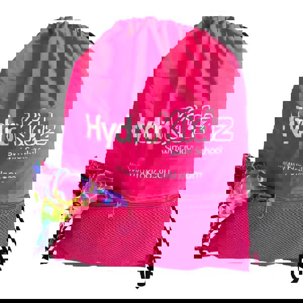 Pink HydroKidz drawstring backpack with logo in four bright colours