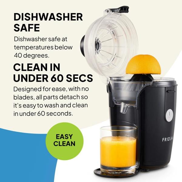 A black Fridja f800 Automatic Citrus Juicer, shown with a halved orange on top, pours fresh juice into a glass. It features dishwasher-safe, quick-clean parts that detach easily—enjoy vitamin C-rich drinks in under 60 seconds.