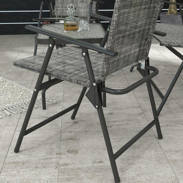 Light grey fabric-back metal patio armchair with angled armrests and curved legs