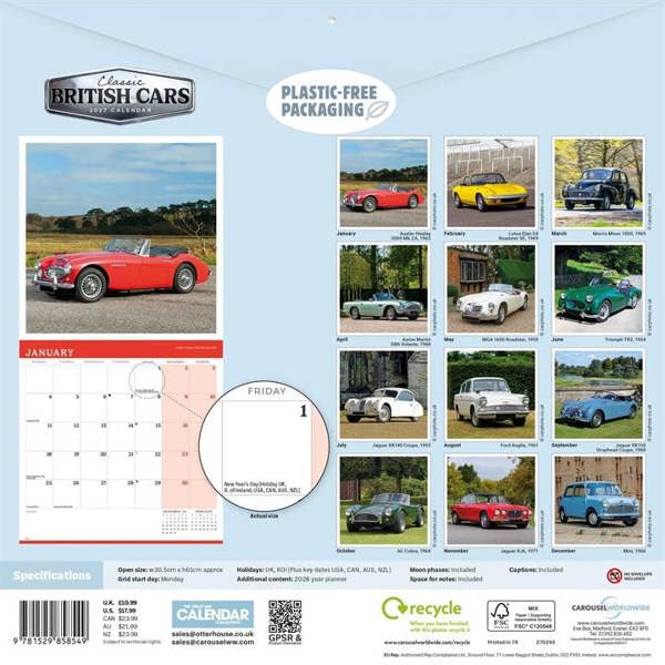 Classic British Cars Calendar 2027, Wall Calendars, Month To View, Transport, Gift