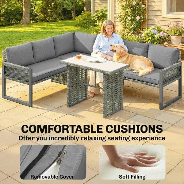 6 Seater Rattan Garden Furniture Set with 3 Loveseats, Table, Patio Rattan Furniture Corner Sofa Set, Grey