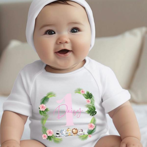 Personalised Pink Jungle Animals Baby Grow, Vest or Bib with Name