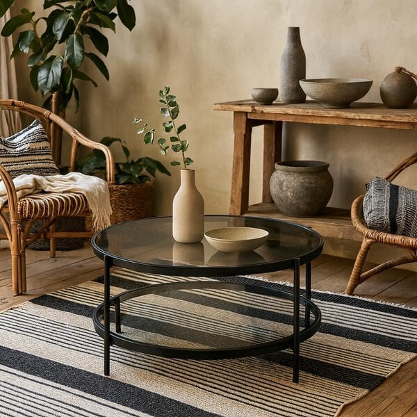 Wyld Haus Featheroak Grey Glass Round Coffee Table Black Metal Legs