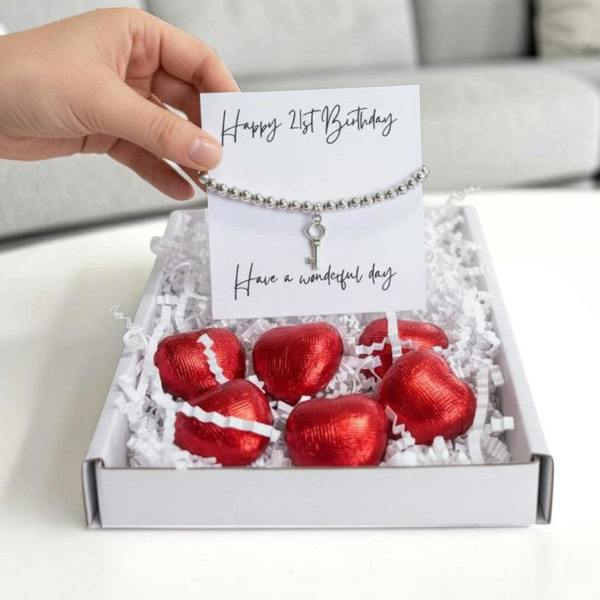 Aye Do Gifts 21st Birthday Gift Box, Silver Key Bracelet & Chocolate Hearts