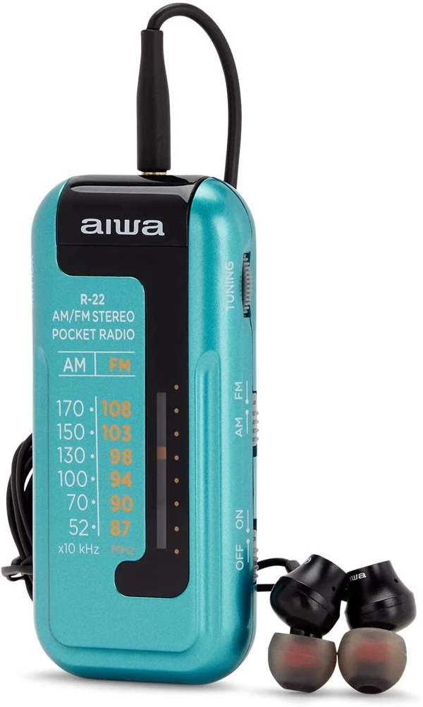 Aiwa R-22TQ Micro Pocket Radio with Stereo Headphones, Clip, MW/FM stereo, Analog ETS - Metallic Teal - UK Model