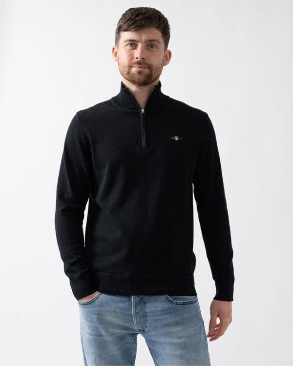 GANT Mens Classic Cotton Half Zip Jumper - 5 Black - CHO - Designer Mens Jumpers