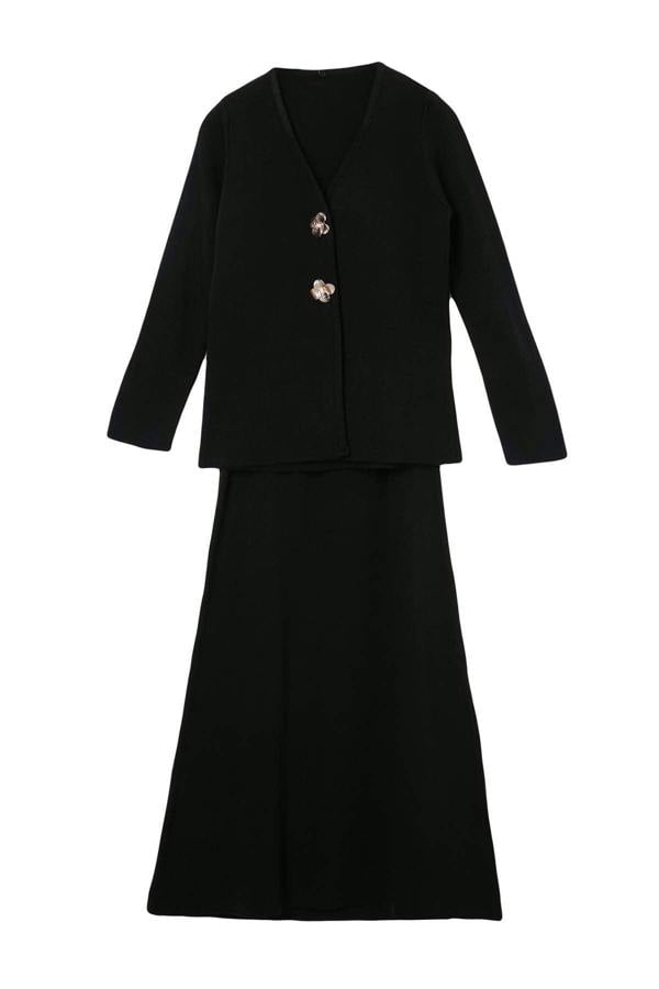 2-Piece Gold Button Detail V Neck Knitted Cardigan and Skirt Co-ord