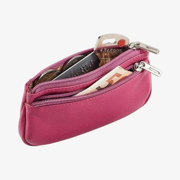 Pink Leather Double Zip Coin Purse Open Compartments