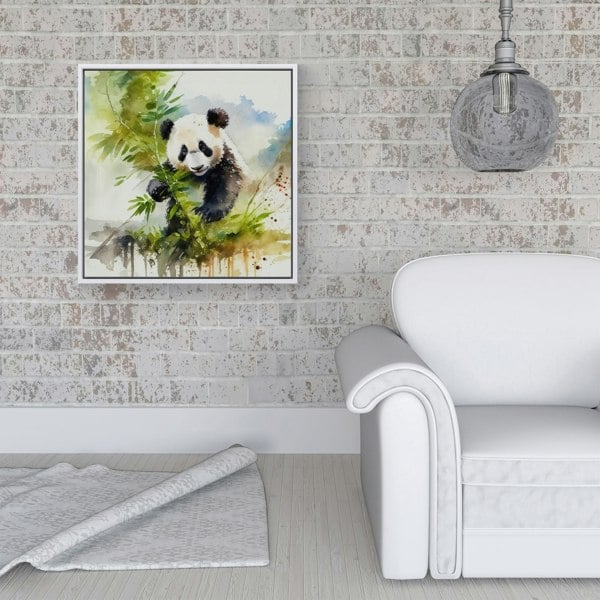 Warren Reed Panda Eating Bamboo Watercolour Framed Canvas