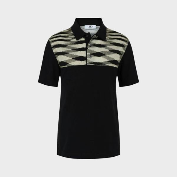 Supplied Fashion Missoni black polo shirt with a contrasting geometric patterned chest panel and classic collar.