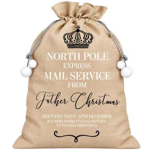 Shatchi 6cm Beige Hessian Christmas Sack with North Pole Express Print and Drawstring Closure - 6CM - Christmas sack