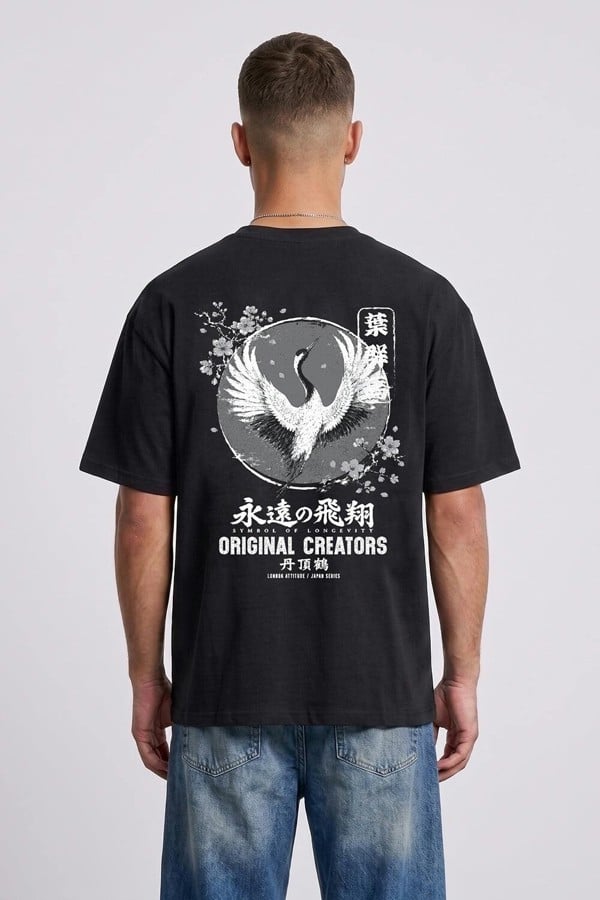London Attitude Japanese Crane Oversized Heavyweight Back Print T-Shirt