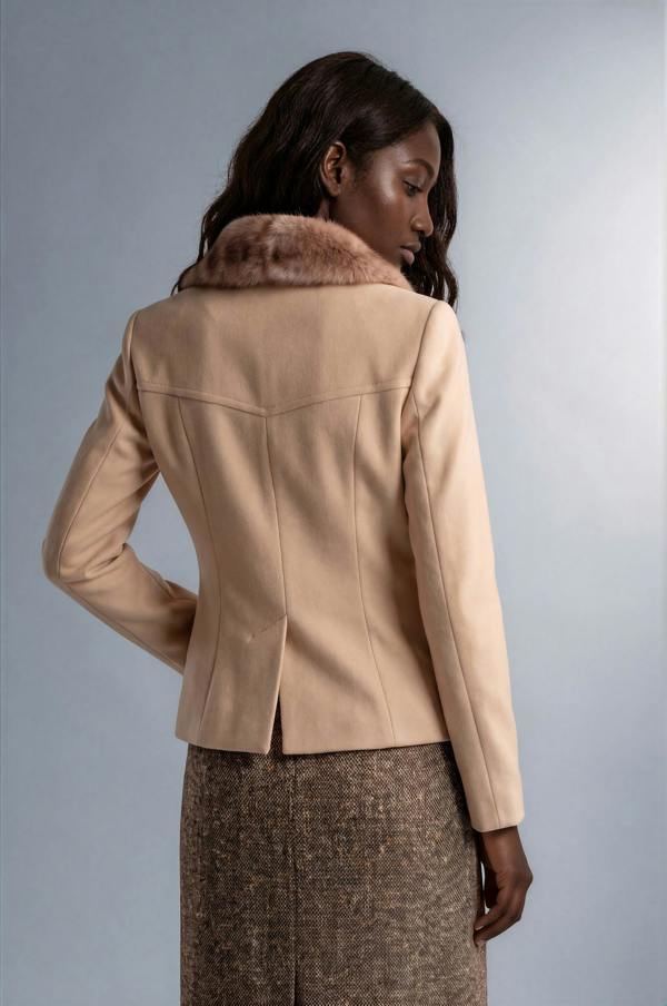 Myles Anthony Cream Reefer Style Wool Jacket With Faux Fur Collar