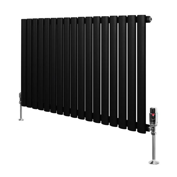 Sleek black oval single column radiator with polished valves, featuring a modern design and smooth matte finish for stylish heating