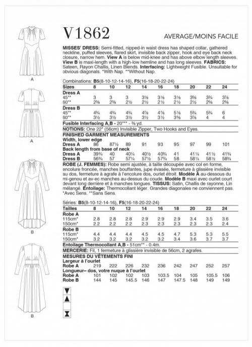 Vogue Sewing Pattern 1862, Dresses for Women, B5 (8-10-12-14-16) - Intermediate