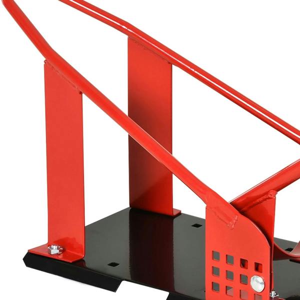 Red metal wheel chock frame with black base and perforated end panel; mounting bolt