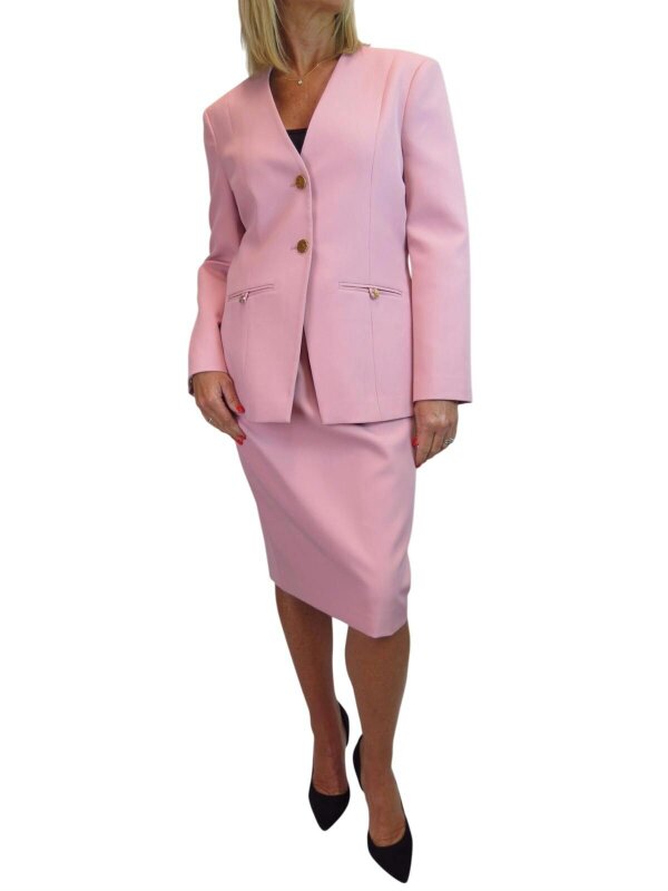 Paulo Due Women's 2 Piece V Neck Skirt Suit - Pink
