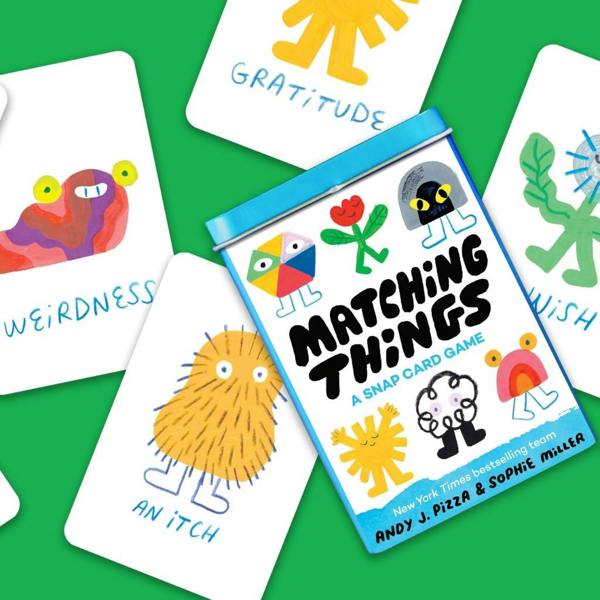 Matching Things snap card game for children featuring colourful cards like The Giggles and An Itch next to a blue travel tin.