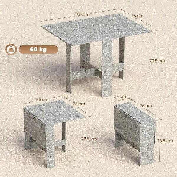 Folding Dining Table, Space-Saving Drop Leaf Kitchen Table for 4-6 People Grey
