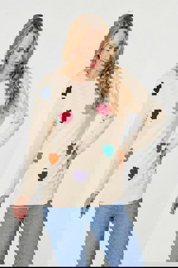 Beige | Heart Embellished Batwing Sleeve Jumper
