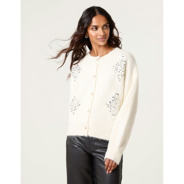 Blue Vanilla Diamante Sequin Brochure Button Front Cardigan