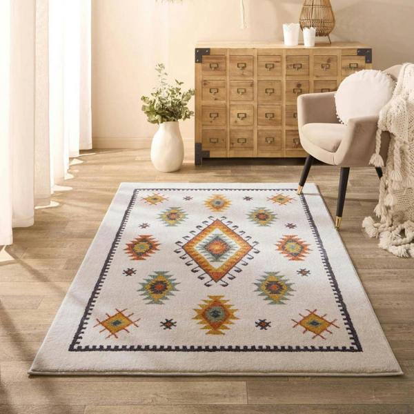 Decorative rug with geometric pattern in a living room setting