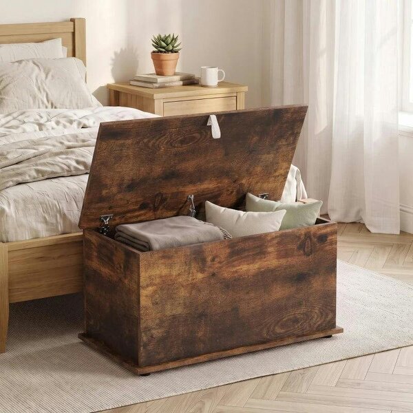 Storage Chest, 102L Blanket Box, Shoe Bench Safety Hinged Lid, Bed End Bench for Bedroom, 80 x 40 x 45cm, Rustic Brown - Rustic Brown