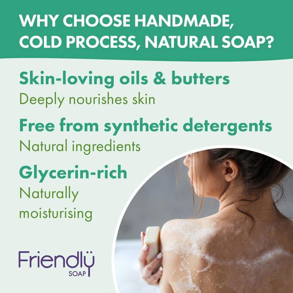 Promotional graphic for Friendly Soap explaining the benefits of their handmade, cold-process, natural soap. The text highlights skin-loving oils, free from synthetic detergents, and glycerin-rich moisturizing properties.