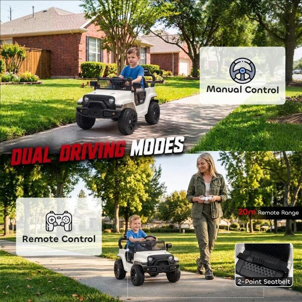 12V Electric Car for Kids with Remote, Dual Motors, Rear Suspension, Soft Start, Music, Lights for 3-8 Years, White