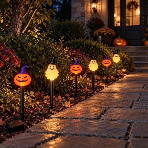 Samuel Alexander Set of 6 Halloween Light Up Pumpkin & Ghost Path Lights with Ground Stakes