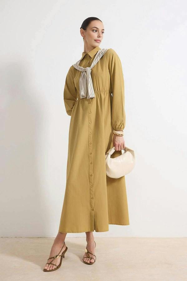 Striped Shirt Collar Long Sleeve Midi Dress with Scarf Detail