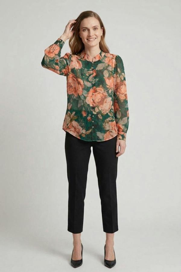 Green | Floral Long Sleeve Button Front Blouse