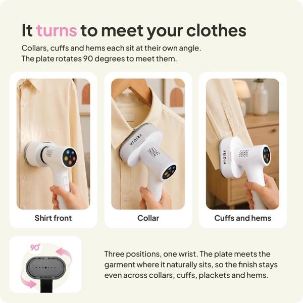 In three photos, the Fridja f20 Handheld Clothes Steamer Pro with Suction is used on a shirt’s front, collar, and hem, showcasing its innovative rotating plate design. The text explains that the steamer’s plate rotates 90 degrees for even steaming on different parts of the shirt—achieving results comparable to a traditional iron while offering greater convenience.