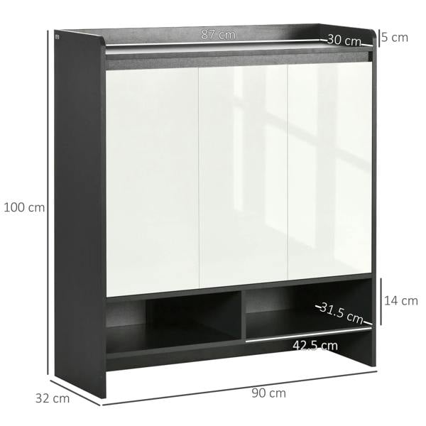 Grey shoe cabinet with two white doors and open center shelves, side view