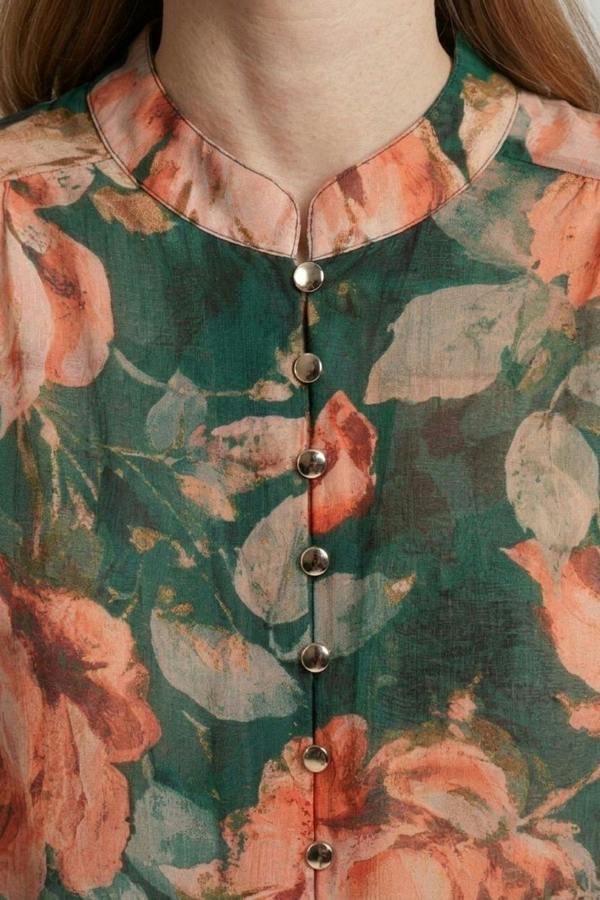 Green | Floral Long Sleeve Button Front Blouse