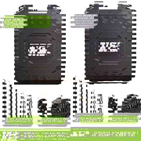 Mylek Cordless Li-ion Drill 20V Brushless Driver Impact Hammer Action Combi Set with 2.0Ah Battery And Fast Charger