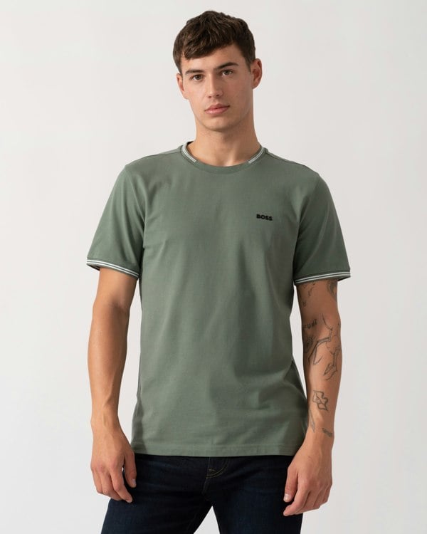 BOSS Green Taul Mens Stretch-Cotton T-Shirt with Stripes and Logo - Open Green 358