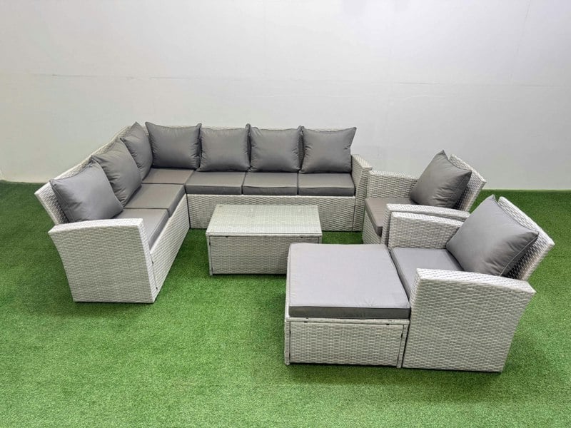 Fimous 9 Seater Garden Outdoor PE Rattan Furniture Set Rattan Garden Sofa Set with Big Footstool 2 Chair Light Grey Mixed