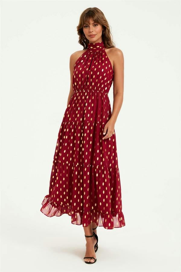 FS Collection Gold Foil Halter Neck Tie Back Midi Dress In Wine