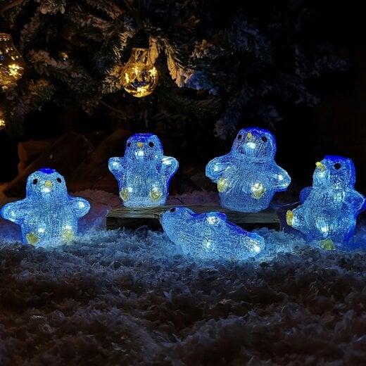 Samuel Alexander Set of 5 Acrylic Light Up LED Penguins Christmas Penguin Decorations Battery Powered