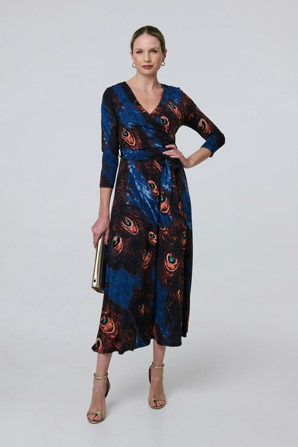 Blue | Peacock Print 3/4 Sleeve Wrap Maxi Dress
