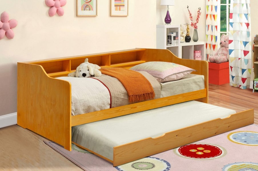 Comfy Living 3ft Wooden Bed with Trundle, Grey, White or Caramel With Shelving Bedroom