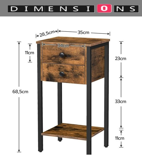 Modcraft Slim Industrial Bedside Table with 2 Drawers