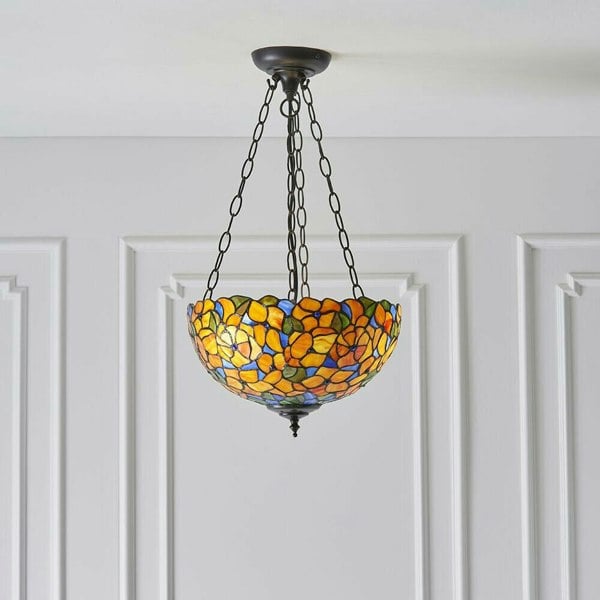 Medium Floral Pendant Light - Tiffany Glass & Dark Bronze Finish - Dimmable LED Loops