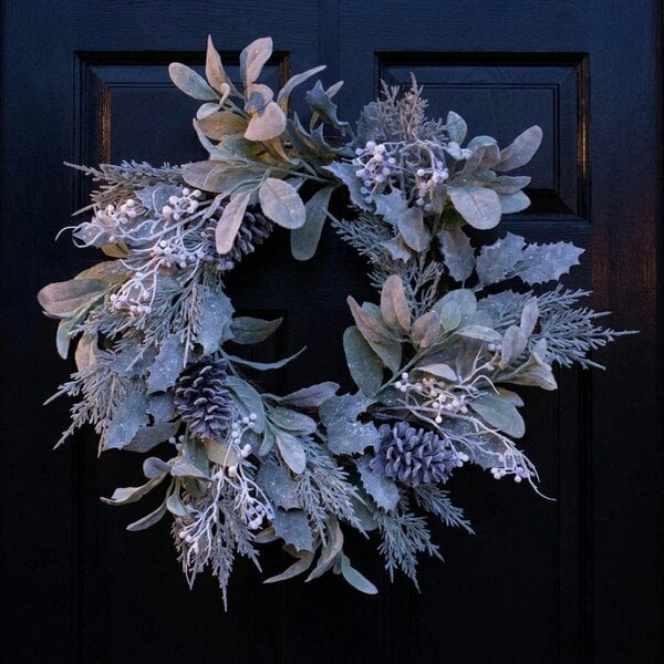 Garden Greatness Lambs ear, Holly, Cone, and White Berry flocked wreath Door Accent