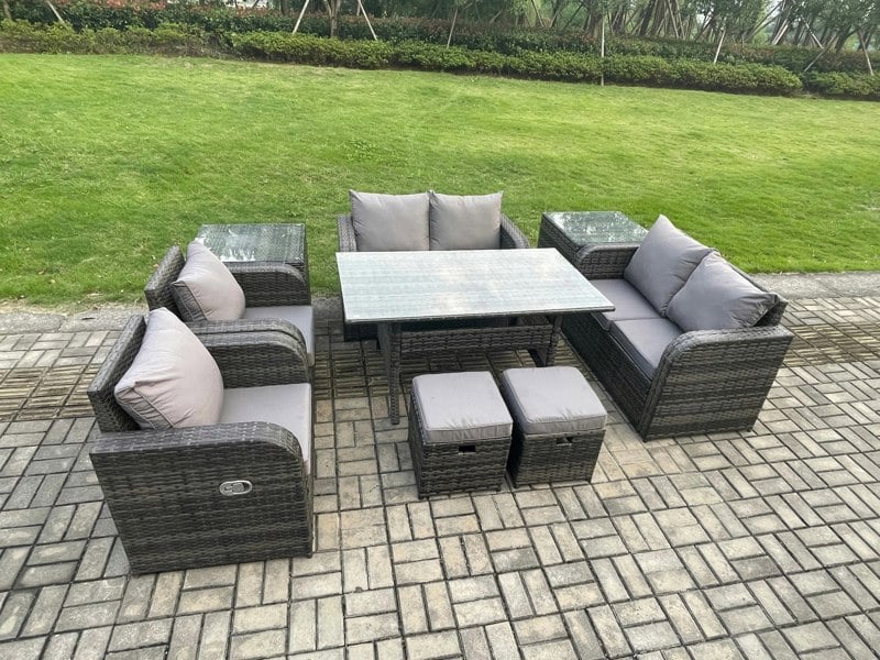 Fimous 8 Seater Grey Rattan Outdoor Lounge Set - Rectangular Table, Reclining Chairs & 2 Stools & 2 Side Tables