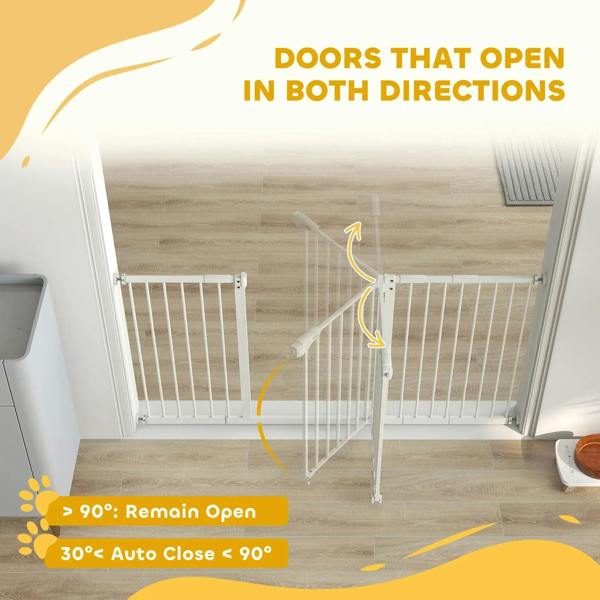 White safety gate shown open in both directions with hinged frame and latch