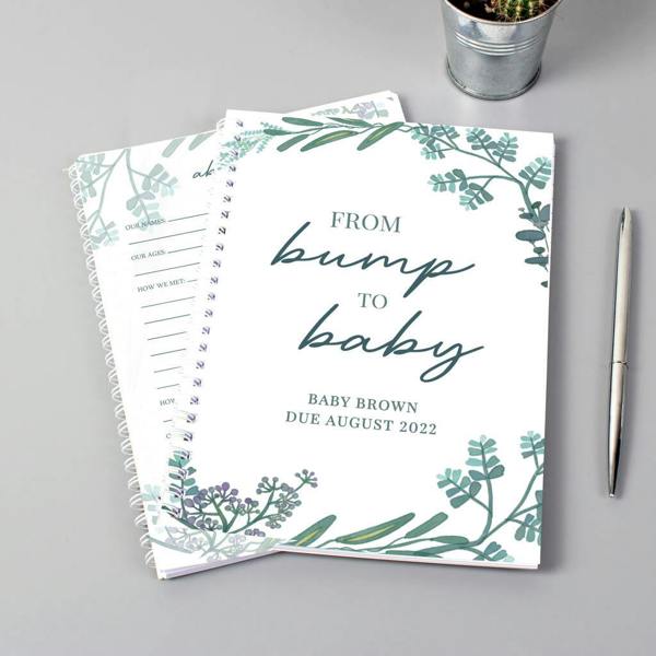 An A5 spiral-bound pregnancy journal reading From Bump to Baby Baby Brown Due August 2022.