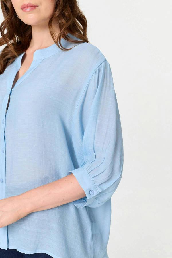Blue | Relaxed 3/4 Sleeve Collarless Shirt
