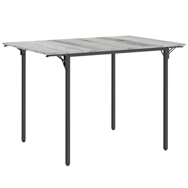 Grey drop-leaf dining table with dark legs, four-person size and foldable side leaves